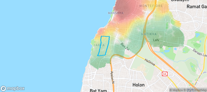 מפת חום של מחירי הנדל"ן בשכונת צהלון ושיכוני חסכון, תל אביב - יפו — אזורים יקרים בגווני חם, אזורים זולים בגווני קר
