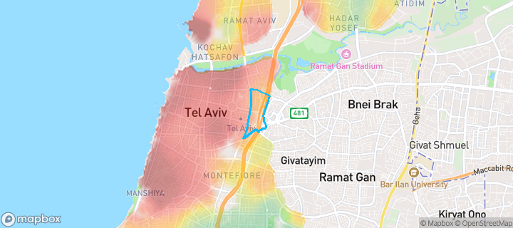 מפת חום של מחירי הנדל"ן בשכונת צמרות איילון, תל אביב - יפו — אזורים יקרים בגווני חם, אזורים זולים בגווני קר