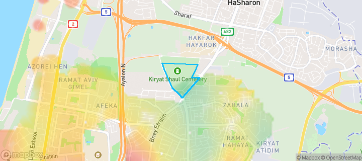 מפת חום של מחירי הנדל"ן בשכונת קרית שאול, תל אביב - יפו — אזורים יקרים בגווני חם, אזורים זולים בגווני קר