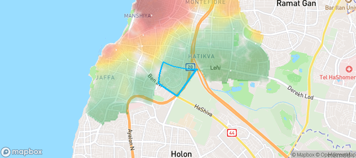 מפת חום של מחירי הנדל"ן בשכונת קרית שלום, תל אביב - יפו — אזורים יקרים בגווני חם, אזורים זולים בגווני קר