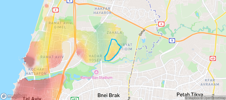 מפת חום של מחירי הנדל"ן בשכונת רמת החייל, תל אביב - יפו — אזורים יקרים בגווני חם, אזורים זולים בגווני קר