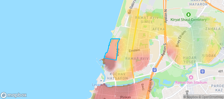 מפת חום של מחירי הנדל"ן בשכונת שדה דב מרכז, תל אביב - יפו — אזורים יקרים בגווני חם, אזורים זולים בגווני קר