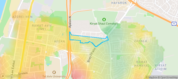 מפת חום של מחירי הנדל"ן בשכונת תל ברוך צפון, תל אביב - יפו — אזורים יקרים בגווני חם, אזורים זולים בגווני קר